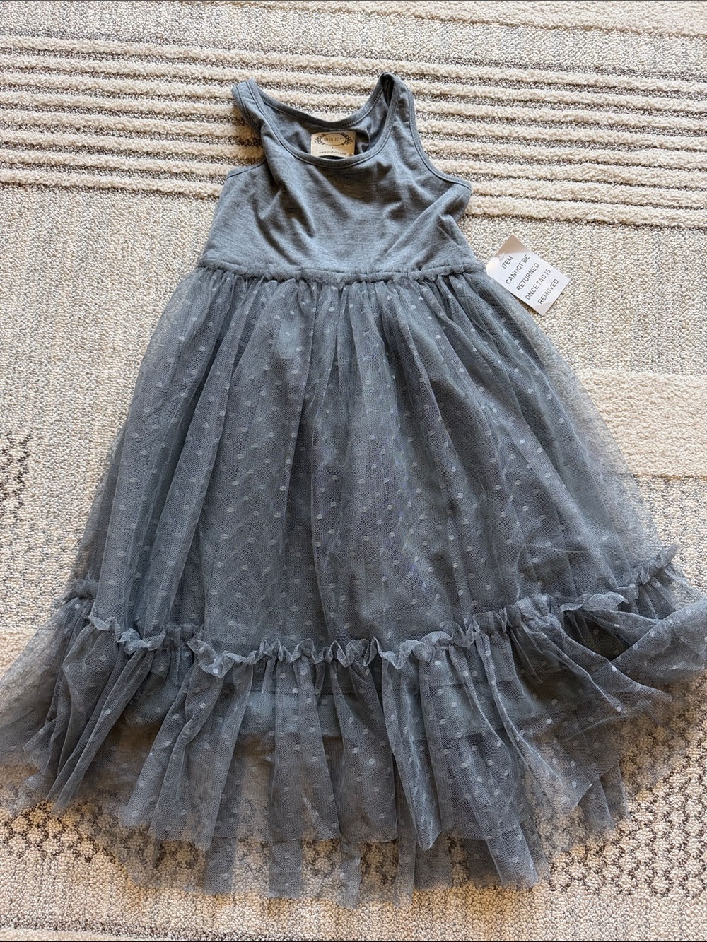 Girls' Charcoal Gray Tulle Party Dress with Polka Dot Overlay